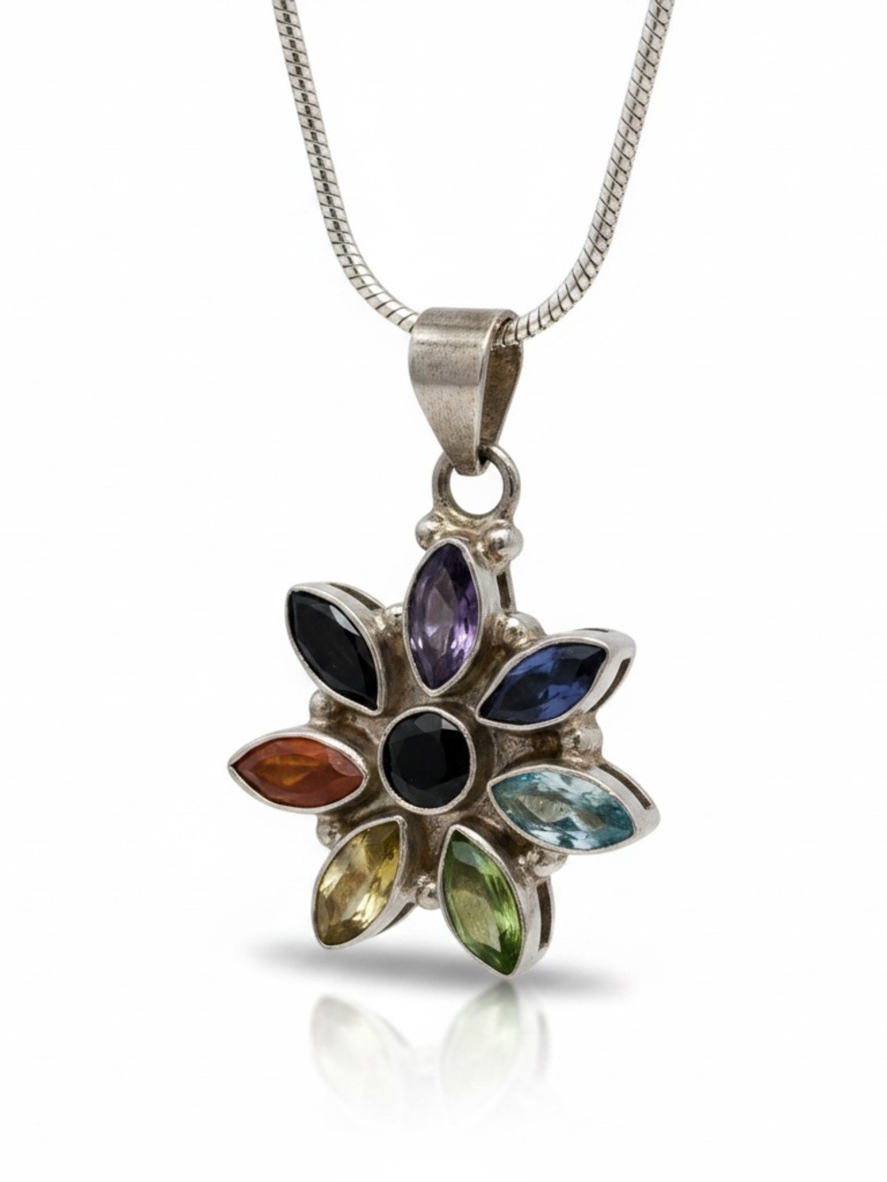 Sterling Silver 7 Chakra Flower Pendant Necklace